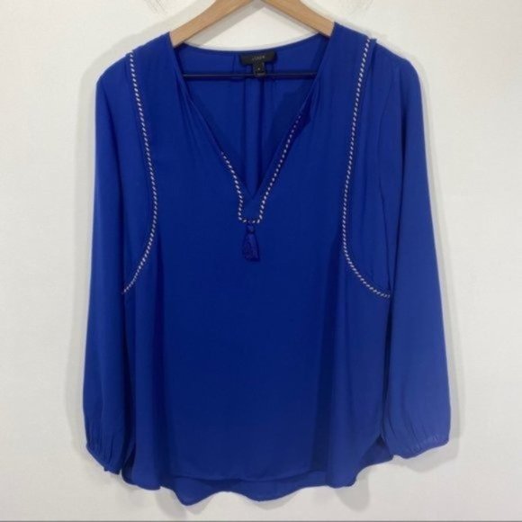 J. Crew Royal Blue Tassel Trim Popover Blouse Boho Chic Lightweight Size 4 - Picture 2 of 9